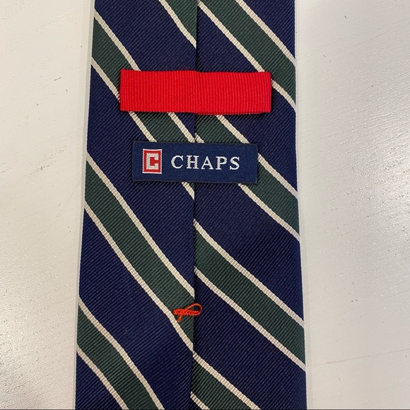100% Silk Tie Navy Blue Green White Stripes Chaps - Picture 4 of 4